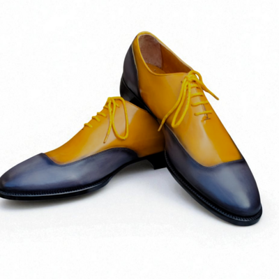 Crafted leather classic men yellow gray leather oxford lace up dress shoes - Thumbnail 1