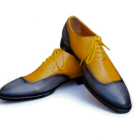 Crafted Leather Classic Men Yellow Gray Leather Oxford Lace up Dress Shoes - Thumbnail 2