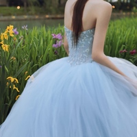 Blue Ball Gown Prom Dress, Strapless Beaded Corset Evening Gown, Tulle Quinceañera Dress, Luxury Gala Dress - Thumbnail 3