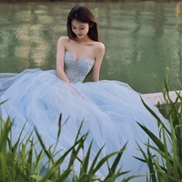 Blue Ball Gown Prom Dress, Strapless Beaded Corset Evening Gown, Tulle Quinceañera Dress, Luxury Gala Dress - Thumbnail 4