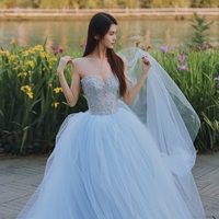 Blue Ball Gown Prom Dress, Strapless Beaded Corset Evening Gown, Tulle Quinceañera Dress, Luxury Gala Dress - Thumbnail 1