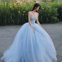 Blue Ball Gown Prom Dress, Strapless Beaded Corset Evening Gown, Tulle Quinceañera Dress, Luxury Gala Dress - Thumbnail 2