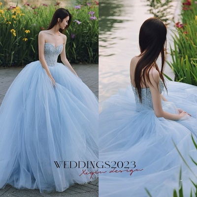 Blue ball gown prom dress, strapless beaded corset evening gown, tulle quinceañera dress, luxury gala dress