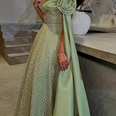 Green beaded a line prom dress dubai middle east evening forma  gown
