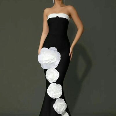 Black and white mermaid 3d handmade flowers prom dress evening formal  gown