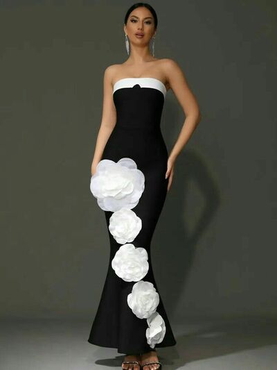 Black and White Mermaid 3D Handmade Flowers Prom Dress Evening Formal  Gown