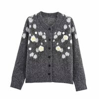 Round neck 3D flower embroidered knitted cardigan - Thumbnail 2