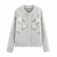 Round neck 3D flower embroidered knitted cardigan - Thumbnail 3