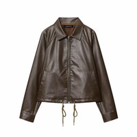 American retro Korean style loose short drawstring leather jacket - Thumbnail 1