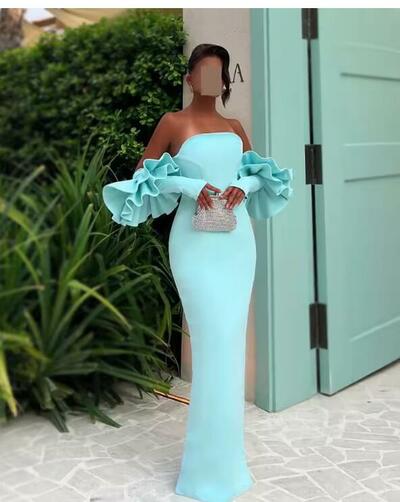 Sexy Slit Party Dresses One Shoulder Flower Long Sleeves Graduation Dress Chic Satin Special Occasion Dress Prom Gown