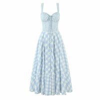 Blue plaid elegant waist tie design suspender dress long skirt - Thumbnail 2