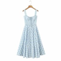 Blue plaid elegant waist tie design suspender dress long skirt - Thumbnail 3