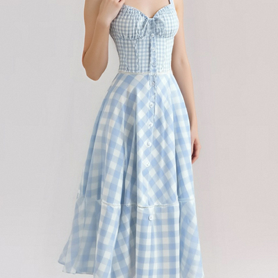 Blue plaid elegant waist tie design suspender dress long skirt - Thumbnail 2
