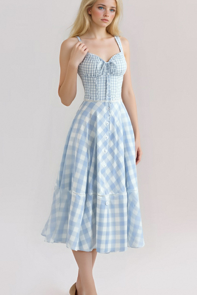 Blue plaid elegant waist tie design suspender dress long skirt