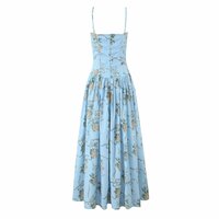 Sky blue retro rose print mid-length sundress women's summer suspender dress - Thumbnail 1