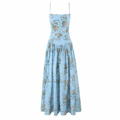 Sky blue retro rose print mid-length sundress women's summer suspender dress