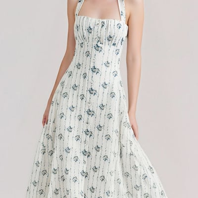 Retro floral temperament tube top waist halter neck backless suspender dress long skirt