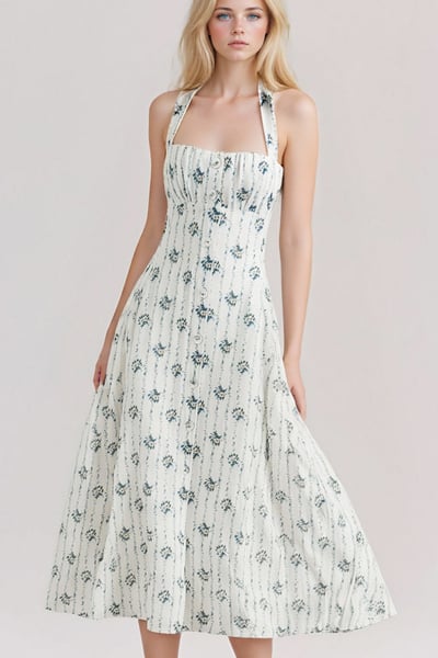 Retro floral temperament tube top waist halter neck backless suspender dress long skirt