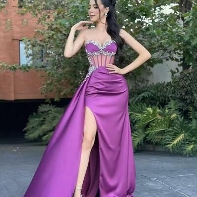 Sexy slit evening dreess elegant crystal beading strapless corset prom dress corset party dress special occasions gown