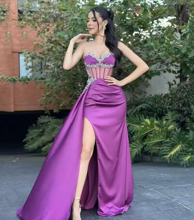Sexy Slit Evening Dreess Elegant Crystal Beading Strapless Corset Prom Dress Corset Party Dress Special Occasions Gown