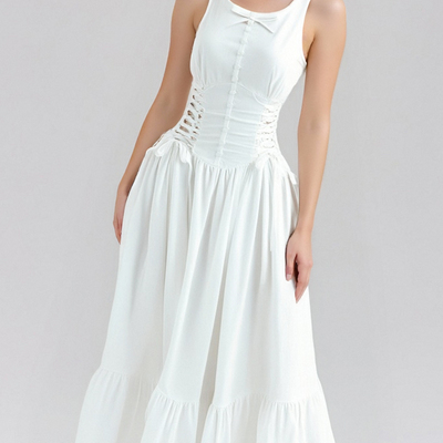 Bohemian temperament bow tie waist pleated vest long dress - Thumbnail 3