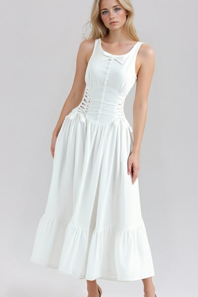 Bohemian temperament bow tie waist pleated vest long dress