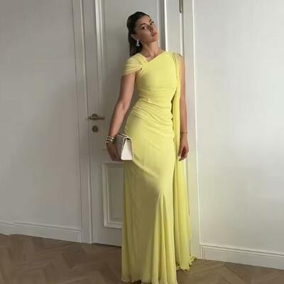 Yellow evening dress women unique mermaid prom dress 2025 customized pleats guest wedding party dress formal gown