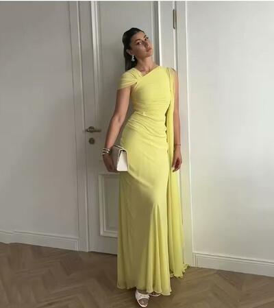 Yellow Evening Dress Women Unique Mermaid Prom Dress 2025 Customized Pleats Guest Wedding Party Dress Formal Gown