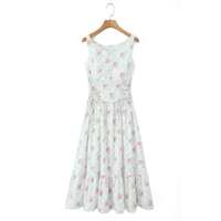 Romantic pastoral style cream rose print bow tie waist dress - Thumbnail 1