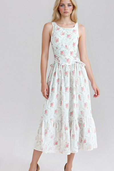 Romantic pastoral style cream rose print bow tie waist dress