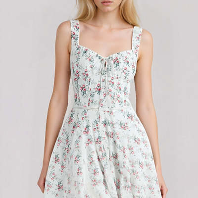 Fresh and sweet cream rose print hollow waist lace mini dress