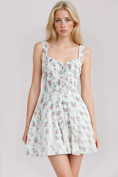Fresh and sweet cream rose print hollow waist lace mini dress