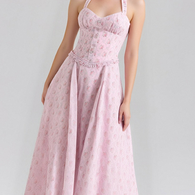 Pink floral sexy waist slimming backless halter neck dress