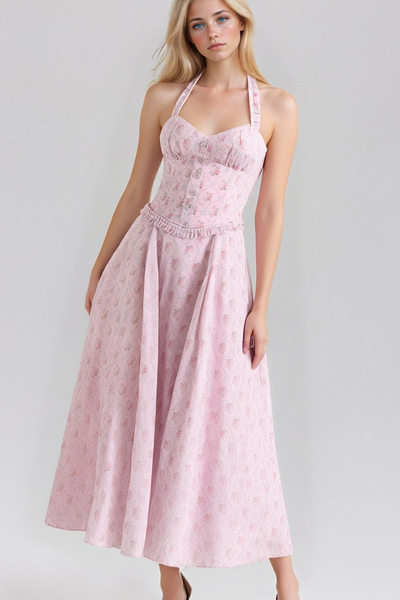 Pink floral sexy waist slimming backless halter neck dress