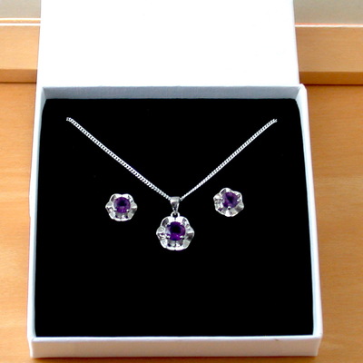 Boxed gift set/sterling silver amethyst gemstone flower pendant & chain/amethyst necklace/amethyst jewellery/amethystjewelry/uk