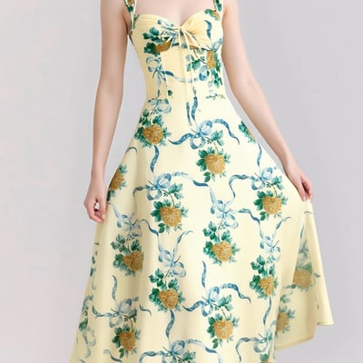 Retro style small fresh cotton printed lace stitching mid-length dress