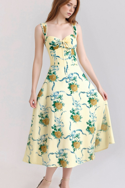 Retro style small fresh cotton printed lace stitching mid-length dress