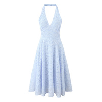 Blue jacquard French atmosphere V-neck backless holiday dress long dress - Thumbnail 1
