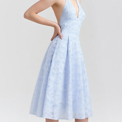 Blue jacquard french atmosphere v-neck backless holiday dress long dress