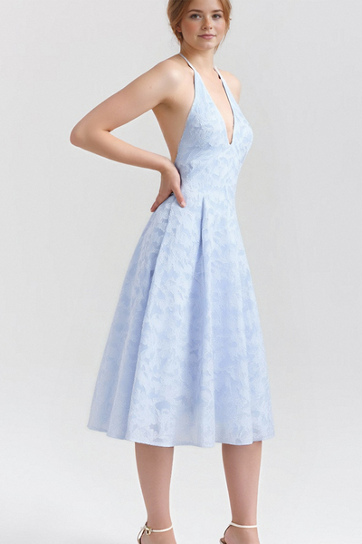 Blue jacquard French atmosphere V-neck backless holiday dress long dress