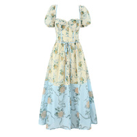 Bohemian retro romantic print patchwork puff sleeve waist slim dress - Thumbnail 1