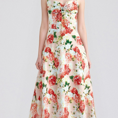 Pastoral floral drawstring waist slit vacation style suspender dress