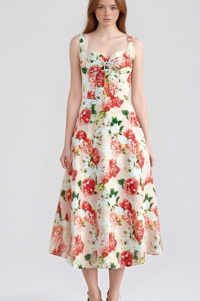 Pastoral floral drawstring waist slit vacation style suspender dress