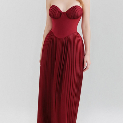 Wine red pleated waist tube top dress for women christmas dress