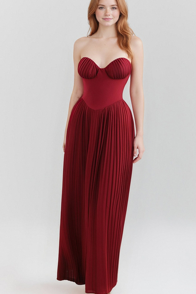 Wine red pleated waist tube top dress for women Christmas dress