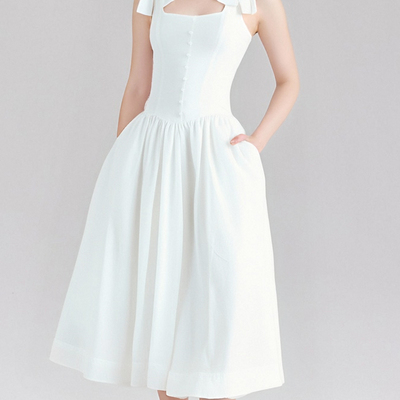 Sweet bow-decorated gentle and elegant u-neck waist suspender dress