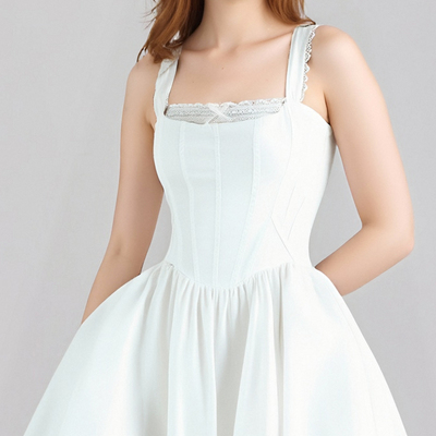 White sexy lace suspender dress women's backless waist a-line mini skirt