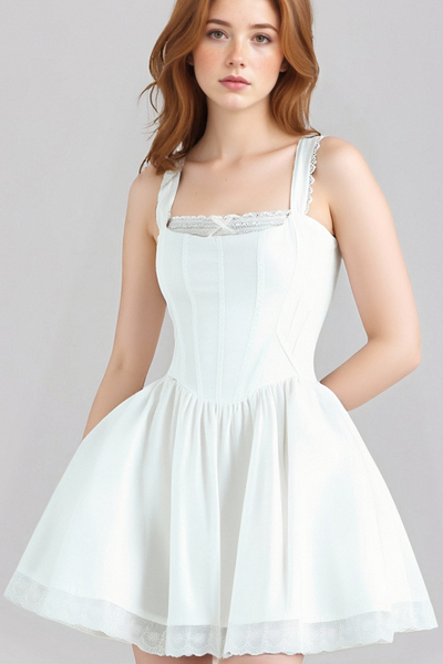 White sexy lace suspender dress women's backless waist A-line mini skirt