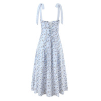 Retro Blue Floral Bow Tie V-Neck Strapless Sundress Dress - Thumbnail 1