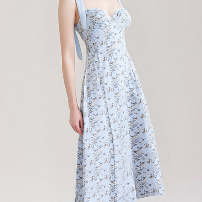 Retro blue floral bow tie v-neck strapless sundress dress